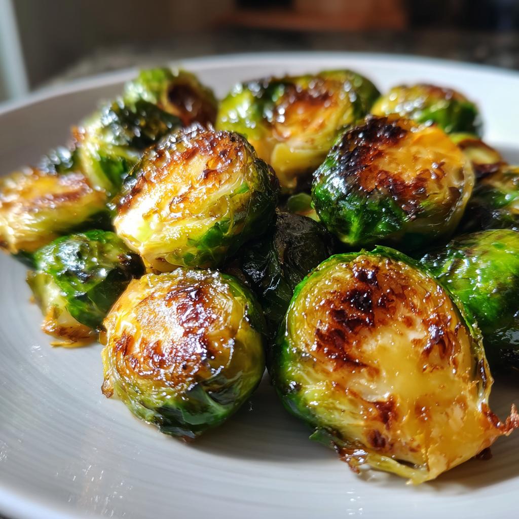 Close-up of perfectly cooked air fryer brussels sprouts, showing crisp, caramelized edges and vibrant green leaves.