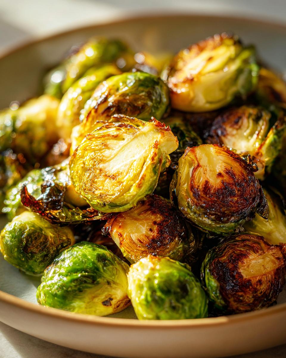 Close-up of perfectly crisp and caramelized air fryer Brussels sprouts in a bowl.