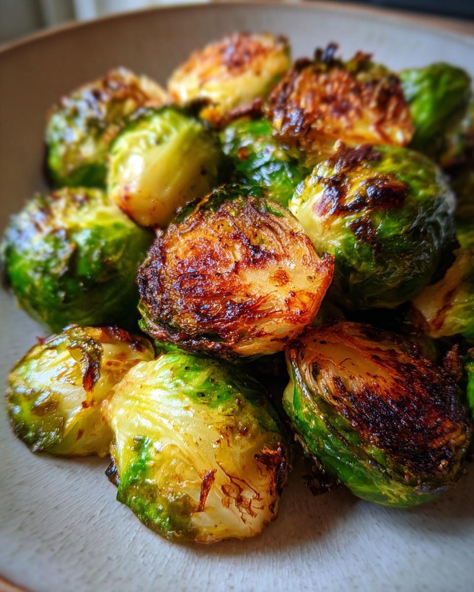 Close-up of perfectly crisp and caramelized Brussels sprouts cooked in an air fryer, showcasing their vibrant green color and browned edges.