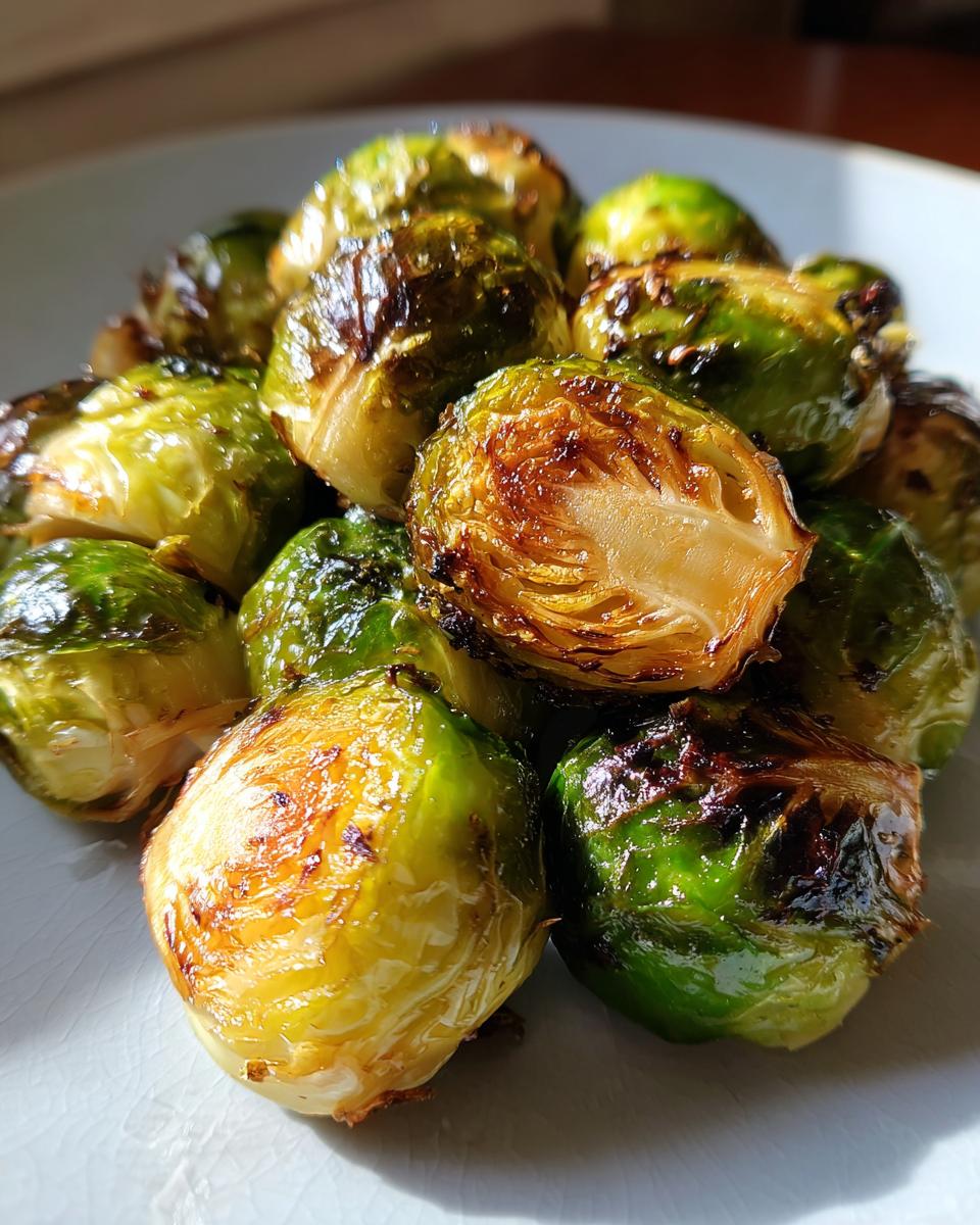 Close-up of a pile of crisp and caramelized air fryer brussels sprouts on a white plate.