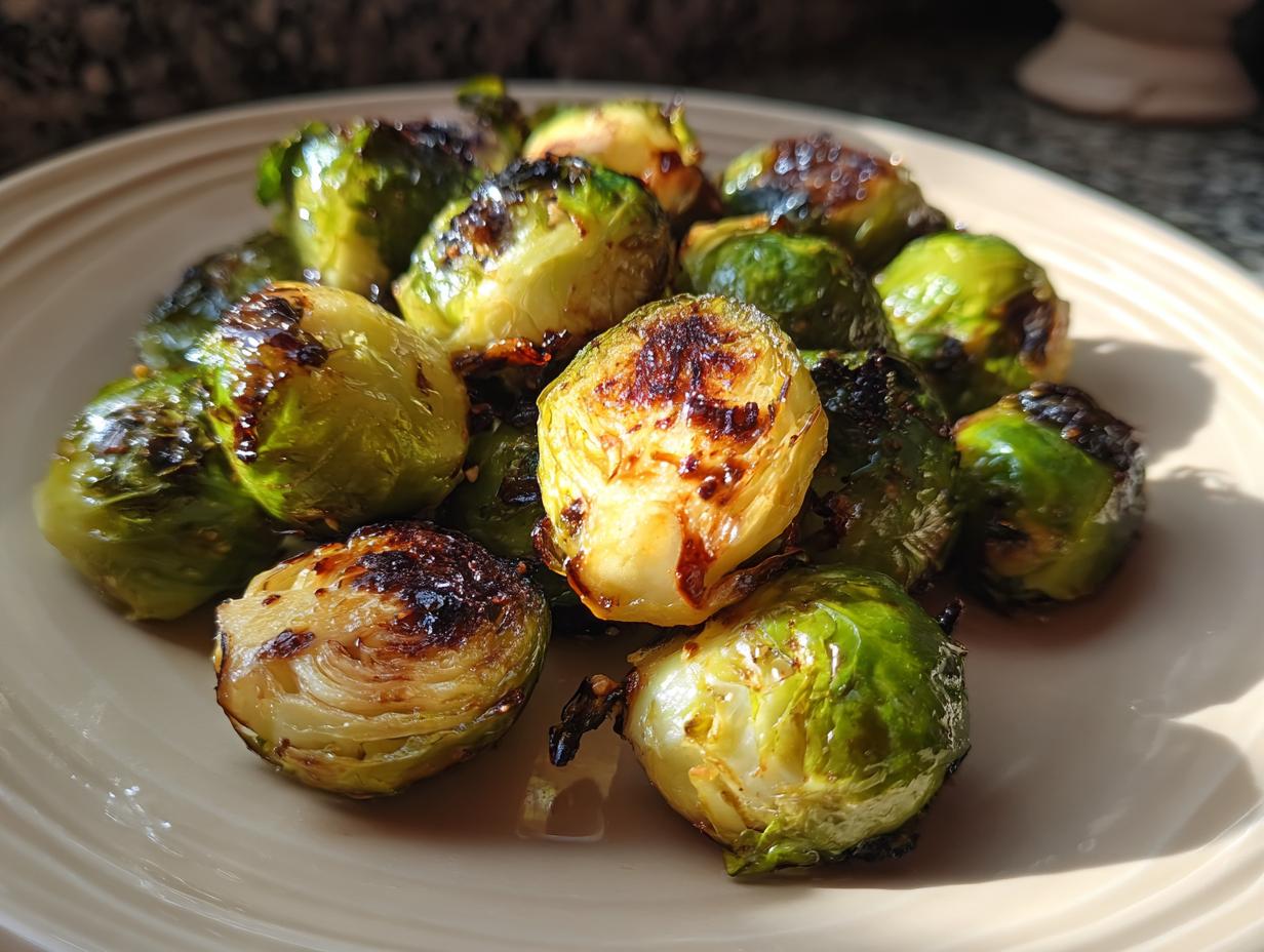 A close-up of perfectly crisp and caramelized Brussels sprouts cooked in an air fryer, served on a light-colored plate.