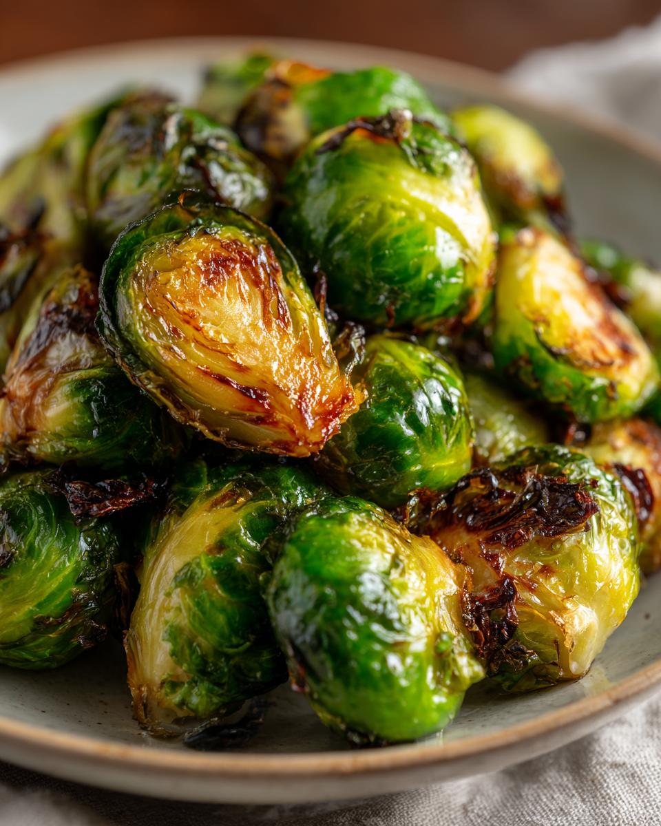 Close-up of perfectly crisp and caramelized Brussels sprouts cooked in an air fryer.