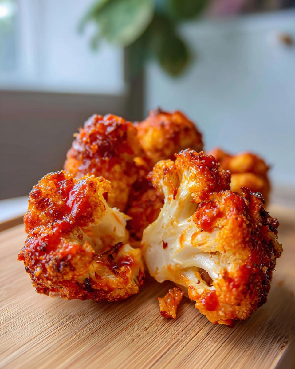 Close-up of air fryer buffalo cauliflower florets, one broken open to reveal the tender inside and crispy coating.