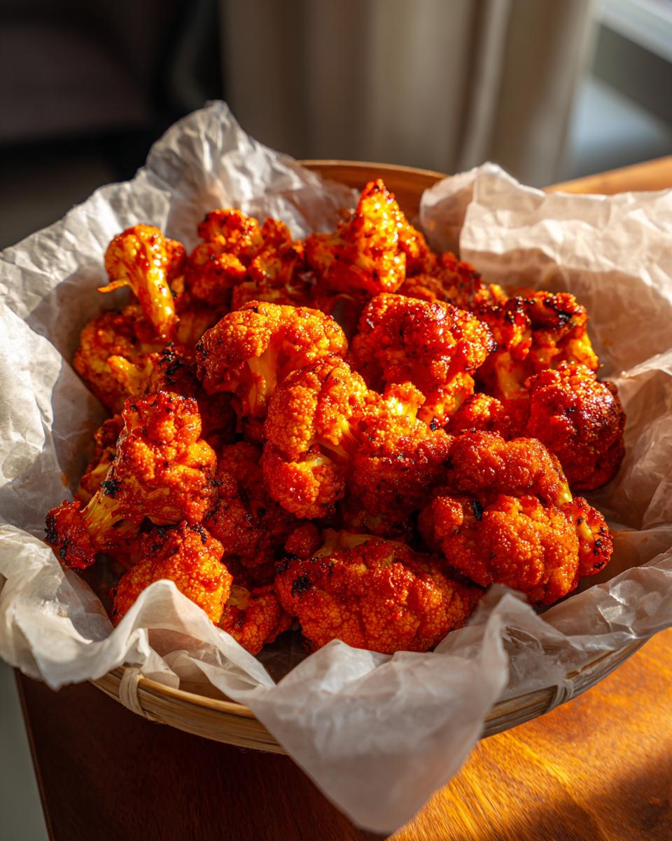 A bowl of crispy Air Fryer Buffalo Cauliflower with Extra Crunch, coated in a vibrant red sauce.