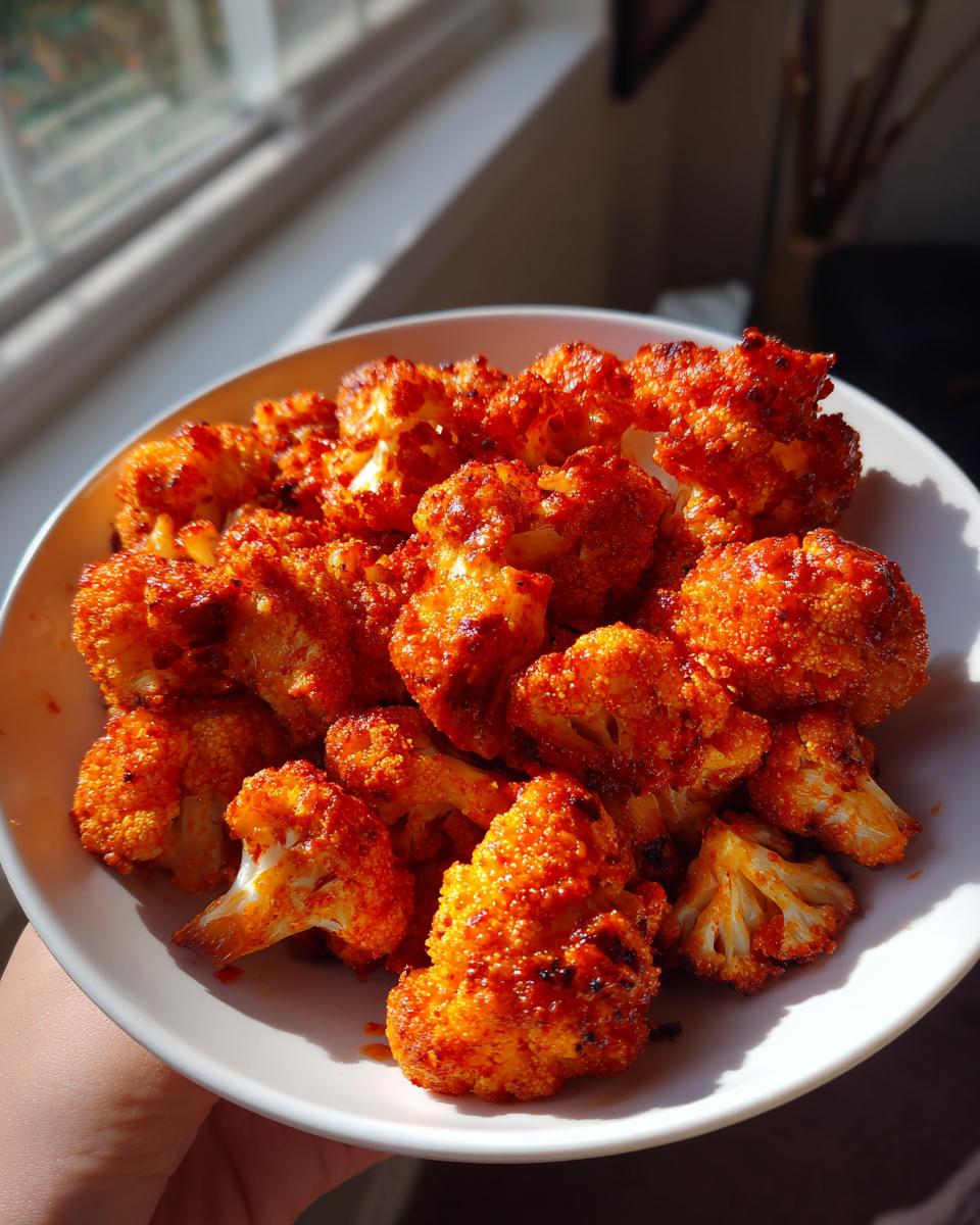 A bowl of perfectly cooked air fryer buffalo cauliflower florets with a spicy red coating and extra crunch.
