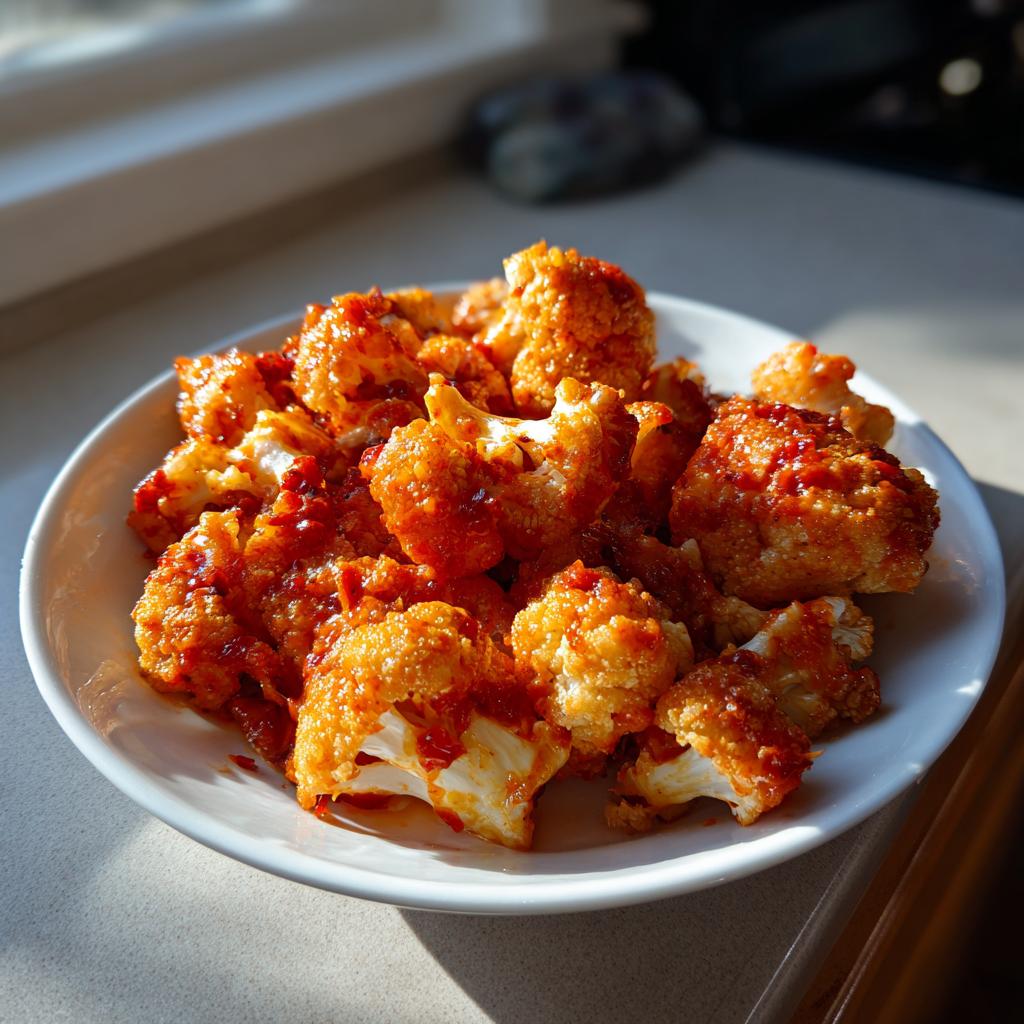 A white plate piled high with crispy, saucy buffalo cauliflower florets, a perfect air fryer recipe.