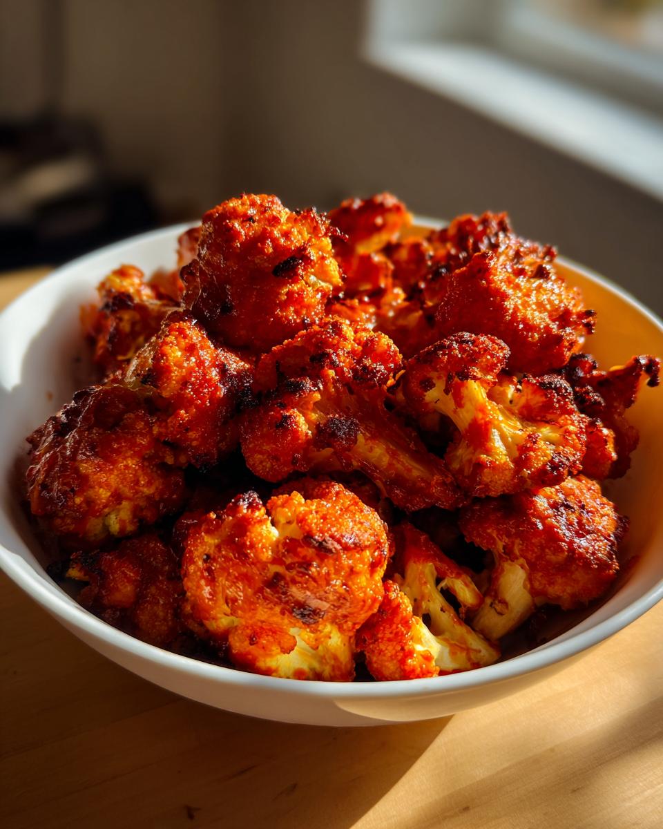 A bowl of crispy, golden-brown buffalo cauliflower florets, perfect for air fryer recipes.
