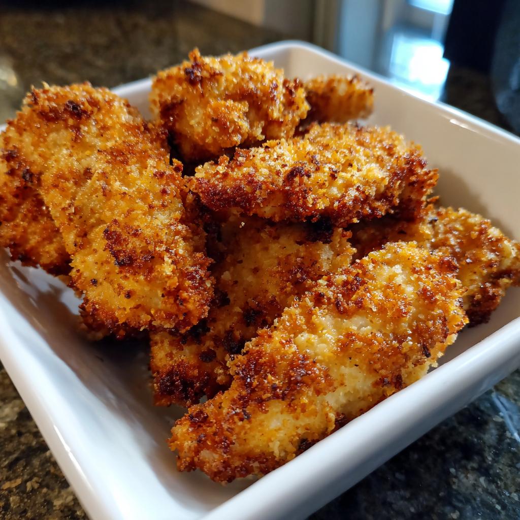 A white bowl filled with golden-brown, crispy chicken tenders made using air fryer recipes.