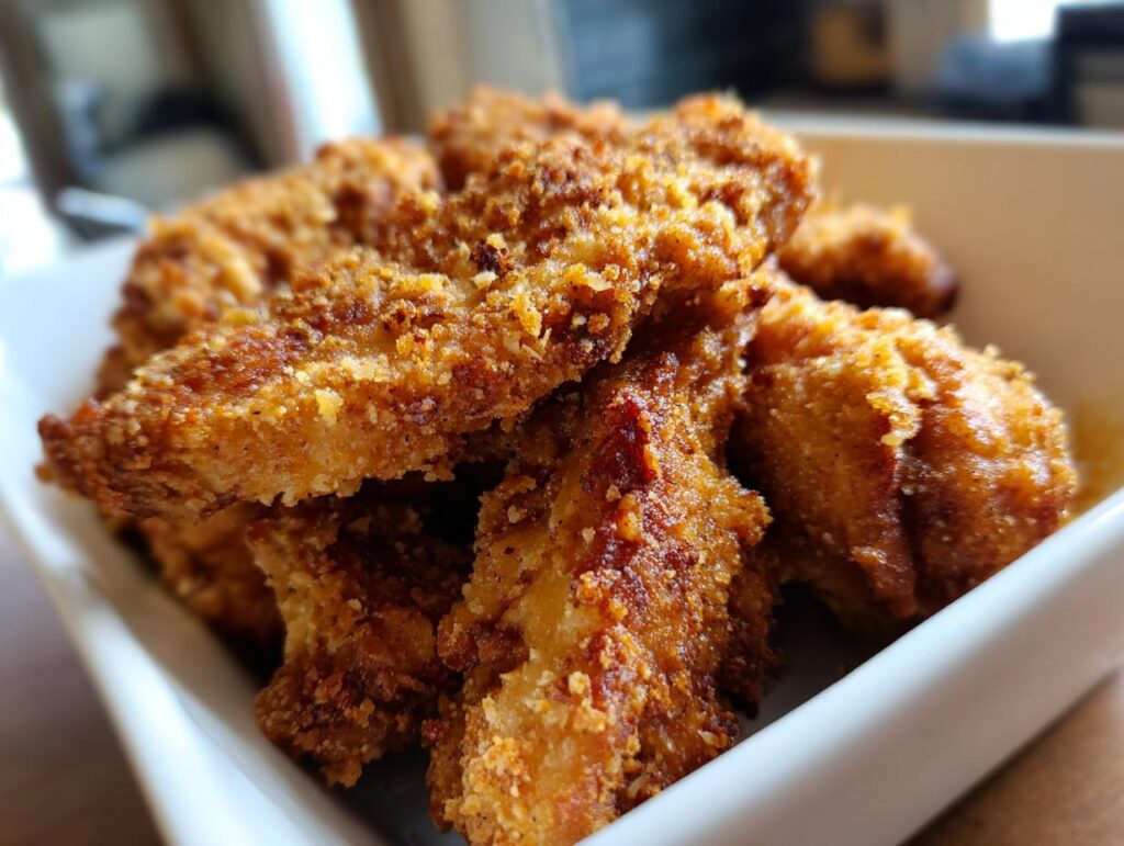 A close-up shot of golden-brown, crispy chicken tenders made in an air fryer, piled high in a white bowl.