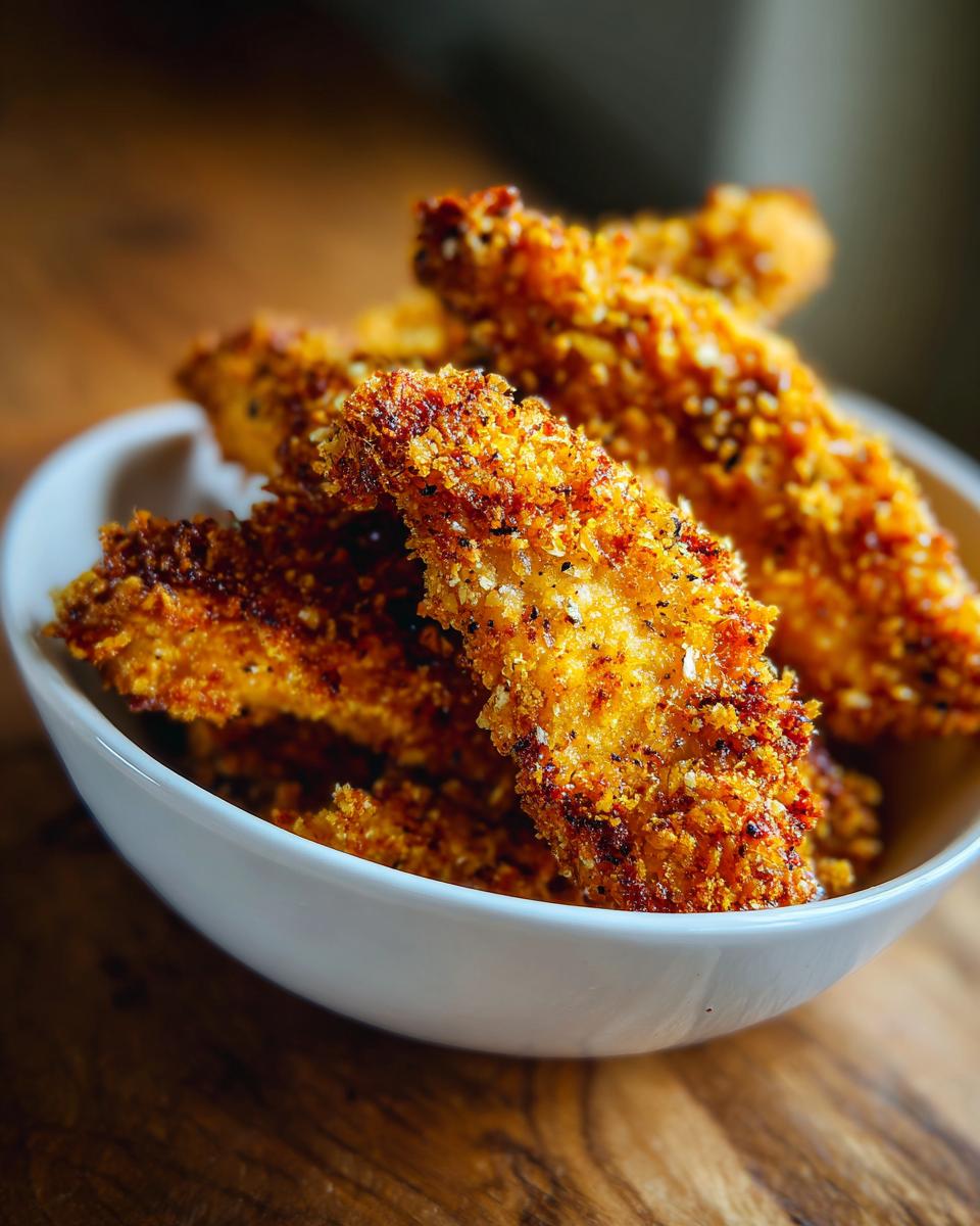 Close-up of golden brown, crispy chicken tenders in a white bowl, perfect for air fryer recipes.