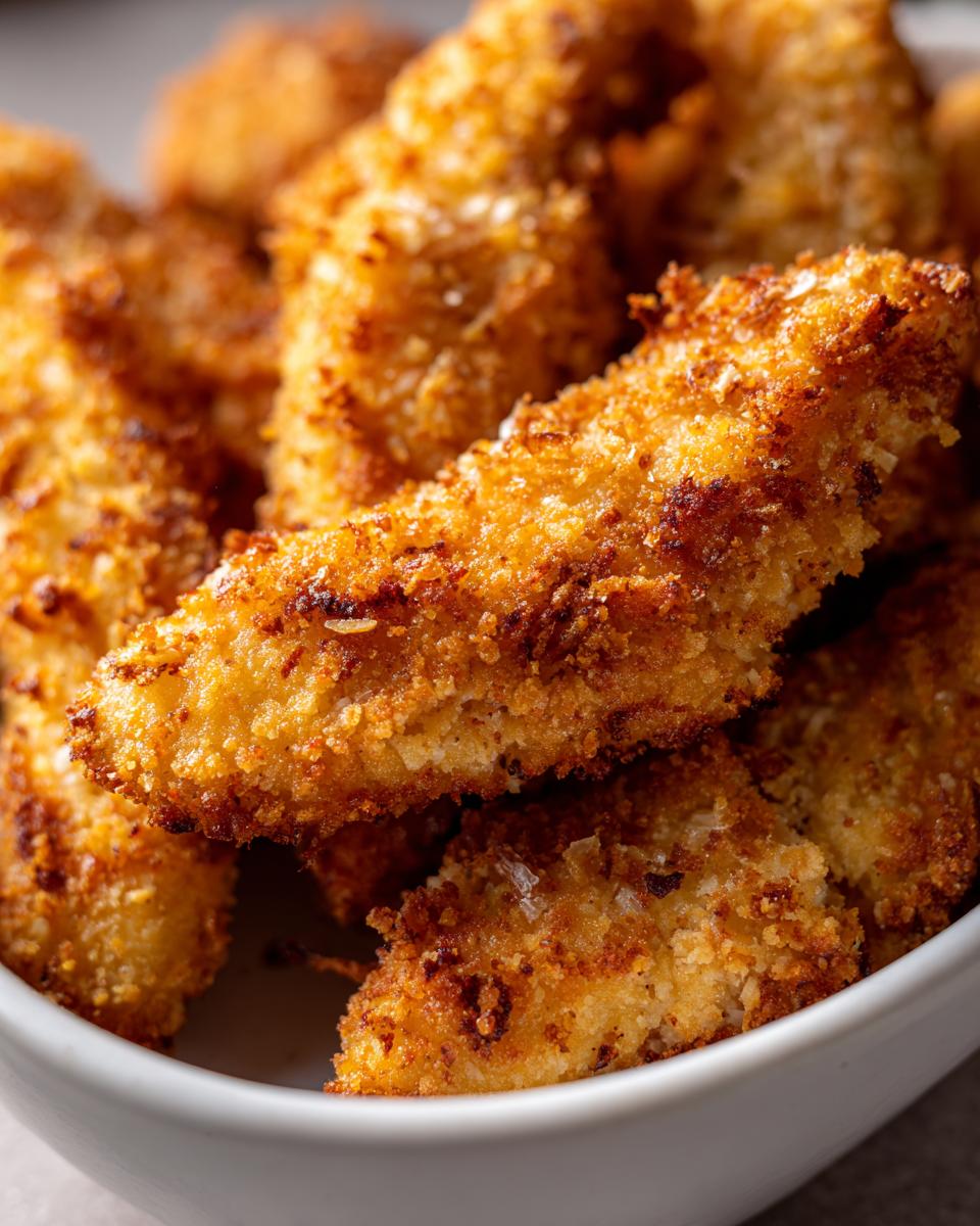 Close-up of golden-brown, crispy chicken tenders in a white bowl, perfect for air fryer recipes.