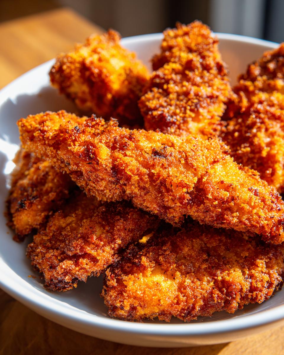 Close-up of golden-brown, crispy chicken tenders in a white bowl, made with air fryer recipes.
