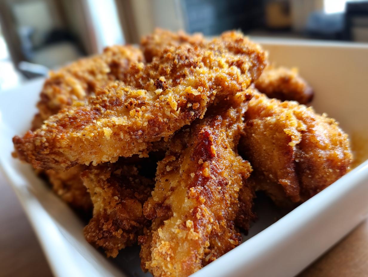 A close-up shot of golden-brown, crispy chicken tenders made in an air fryer, piled high in a white bowl.