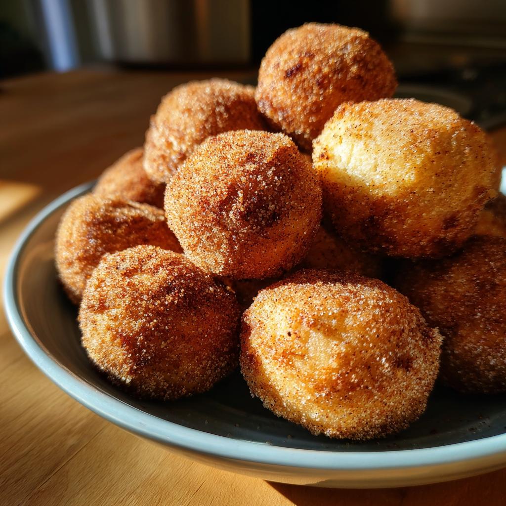 A bowl of freshly made air fryer donut holes coated in cinnamon sugar.