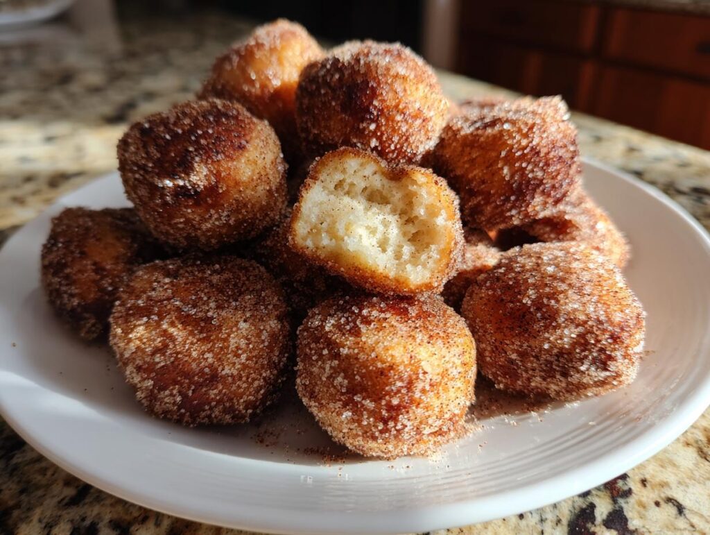 A pile of freshly made air fryer donut holes coated in cinnamon sugar, with one hole showing the fluffy interior.