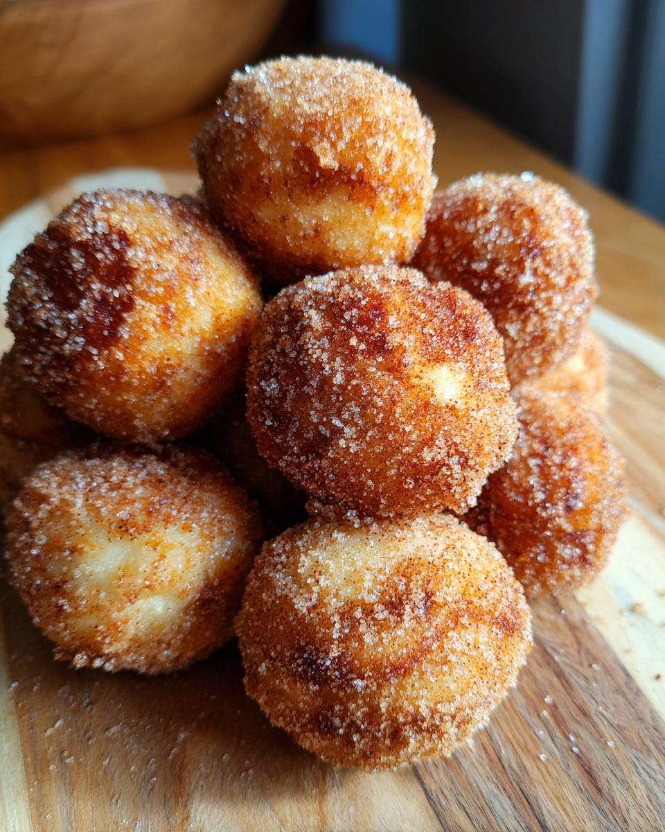 A close-up of a pile of golden-brown air fryer donut holes coated in cinnamon sugar.