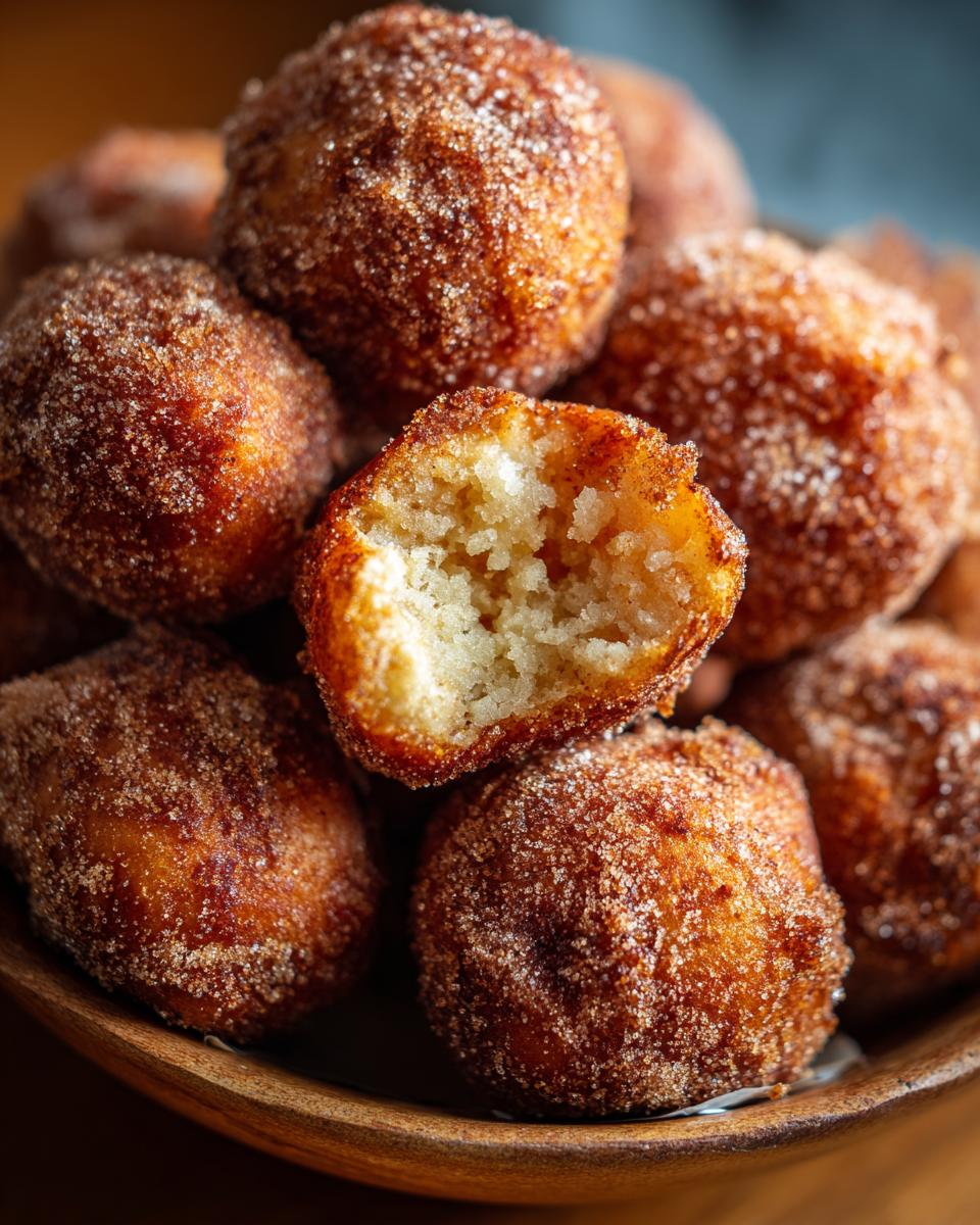 Close-up of fluffy air fryer donut holes coated in cinnamon sugar, one is broken open.