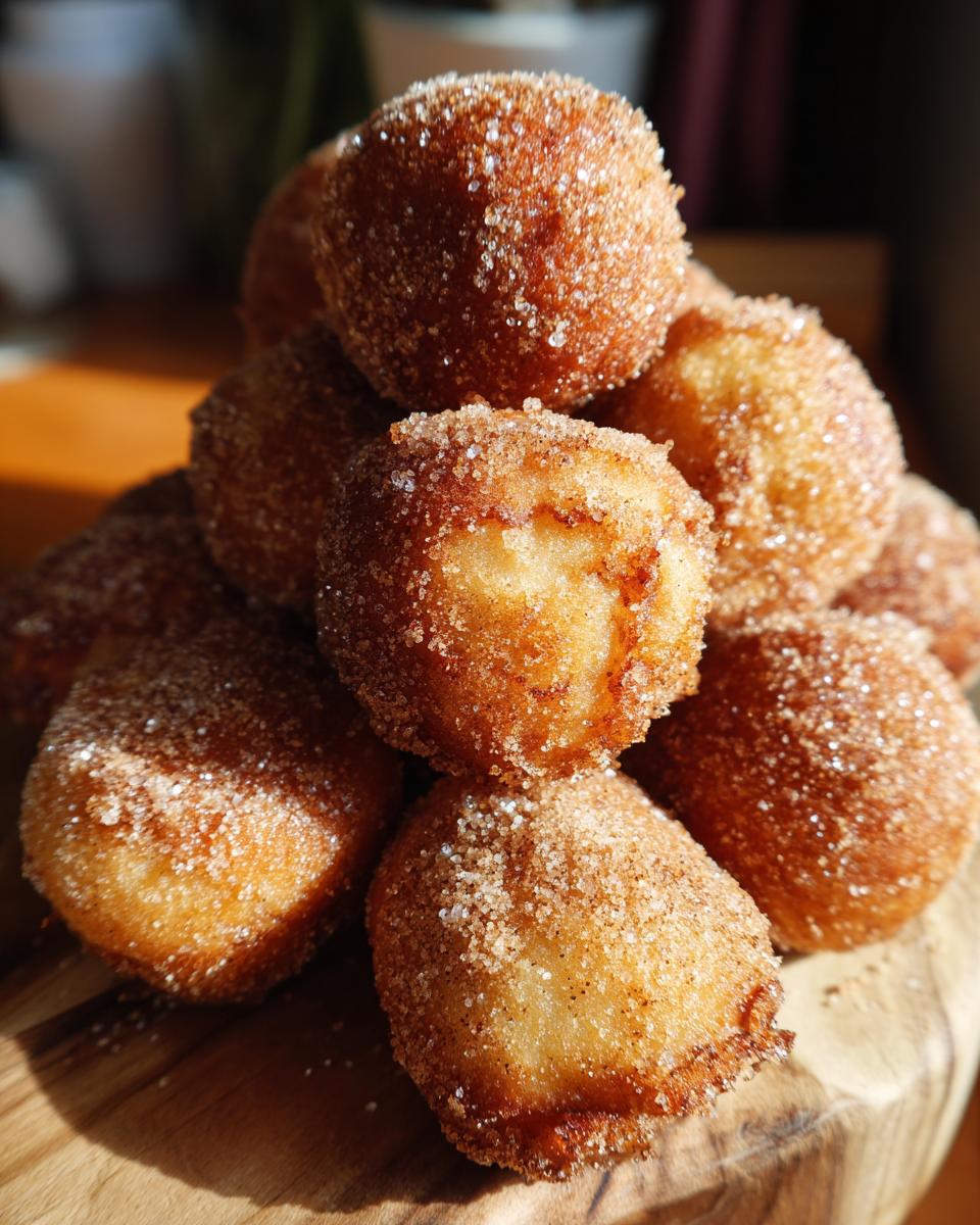 A pile of warm, golden-brown air fryer donut holes coated in cinnamon sugar.