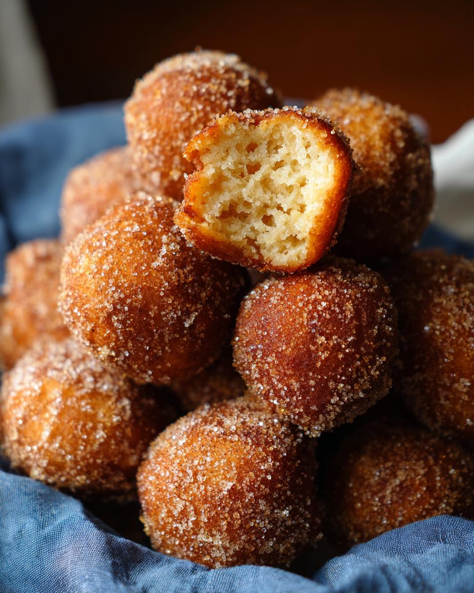 A pile of golden brown air fryer donut holes coated in cinnamon sugar, with one bitten in half.