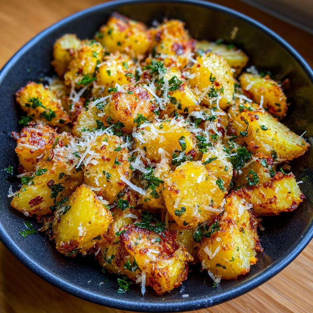 Close-up of crispy air fryer garlic parmesan potatoes sprinkled with fresh parsley and grated cheese.
