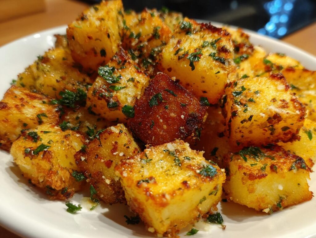 Close-up of golden brown air fryer garlic parmesan potatoes sprinkled with fresh parsley.