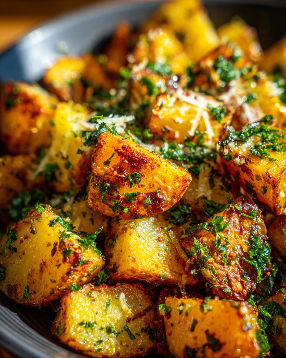 Close-up of golden brown air fryer garlic parmesan potatoes, sprinkled with fresh parsley and grated cheese.