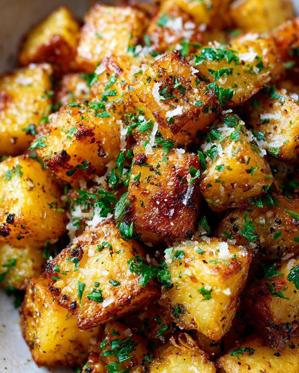Close-up of crispy air fryer garlic parmesan potatoes sprinkled with fresh parsley.