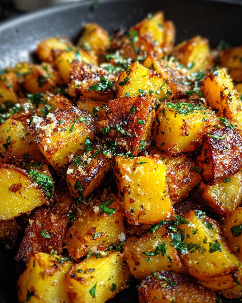 Close-up of golden-brown air fryer potatoes seasoned with garlic, parmesan, and parsley.