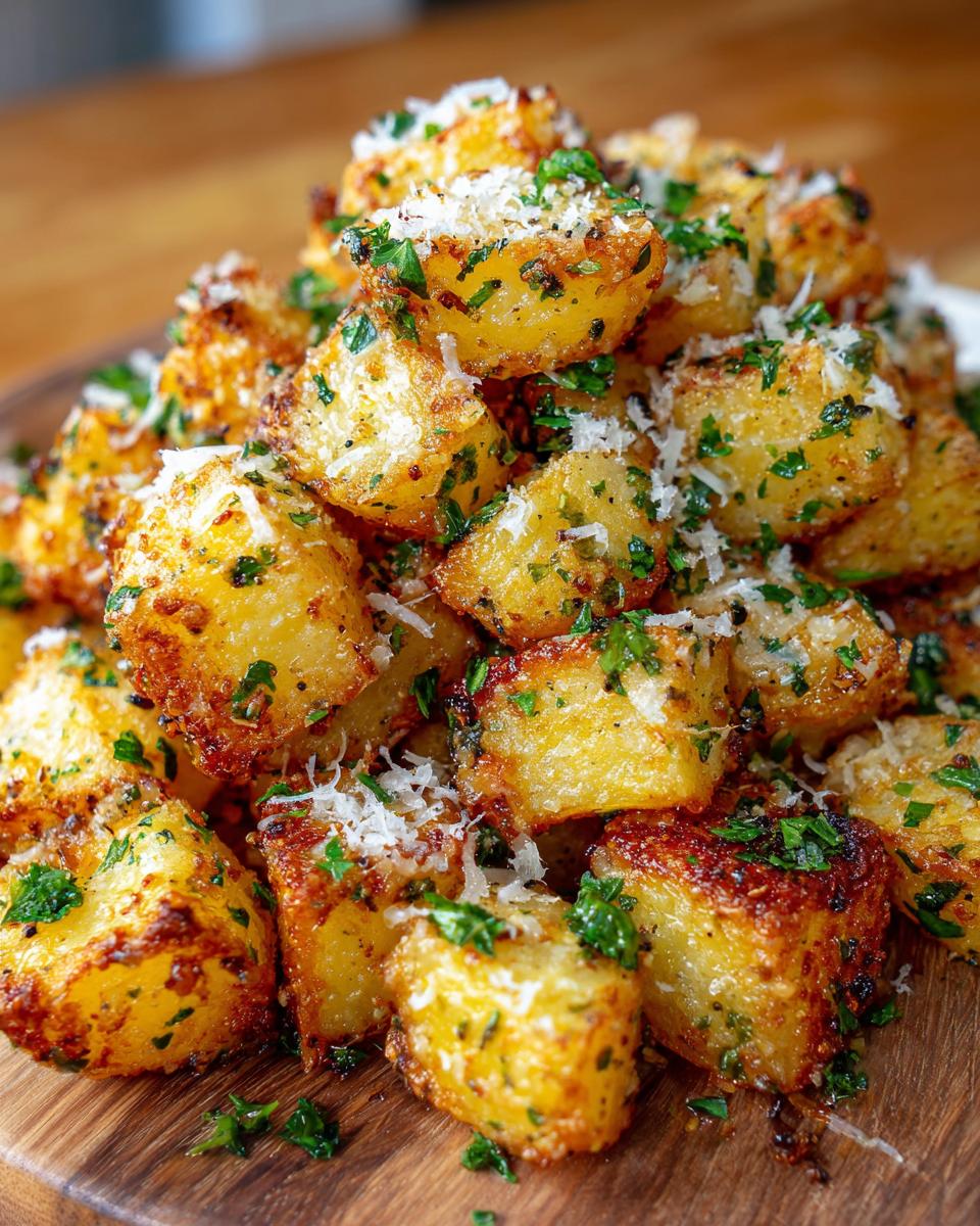 A pile of golden brown air fryer potatoes seasoned with garlic, parmesan, and parsley.