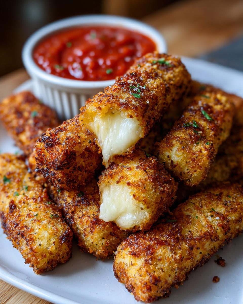 A pile of golden brown air fryer mozzarella sticks with gooey cheese pulling out of one stick, served with marinara sauce.