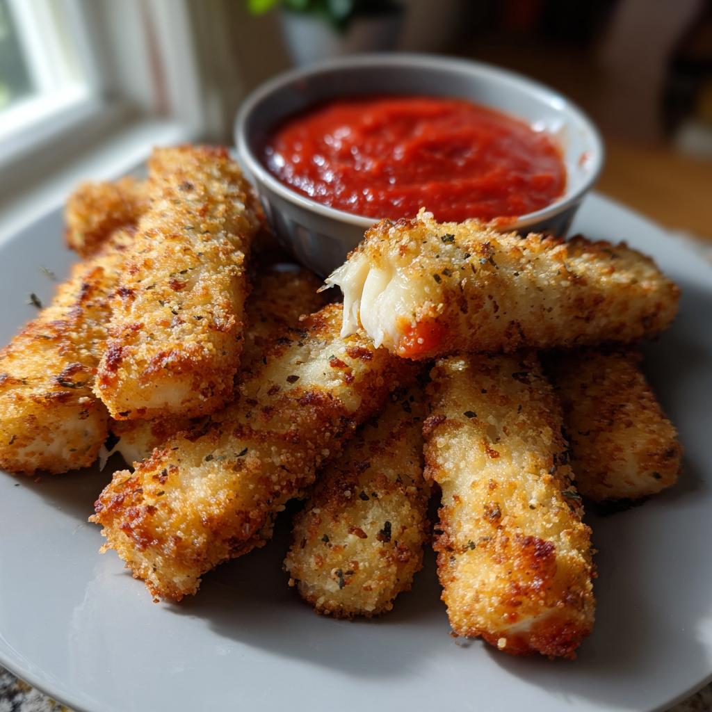 Golden brown air fryer mozzarella sticks piled on a grey plate with a bowl of marinara sauce.