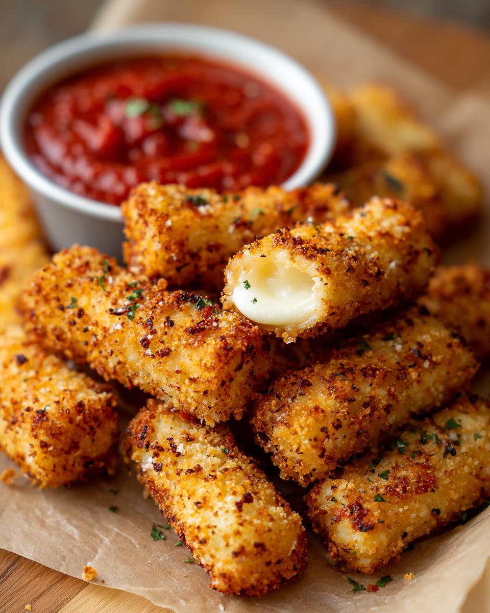 Golden brown air fryer mozzarella sticks piled high with a bowl of marinara sauce in the background.