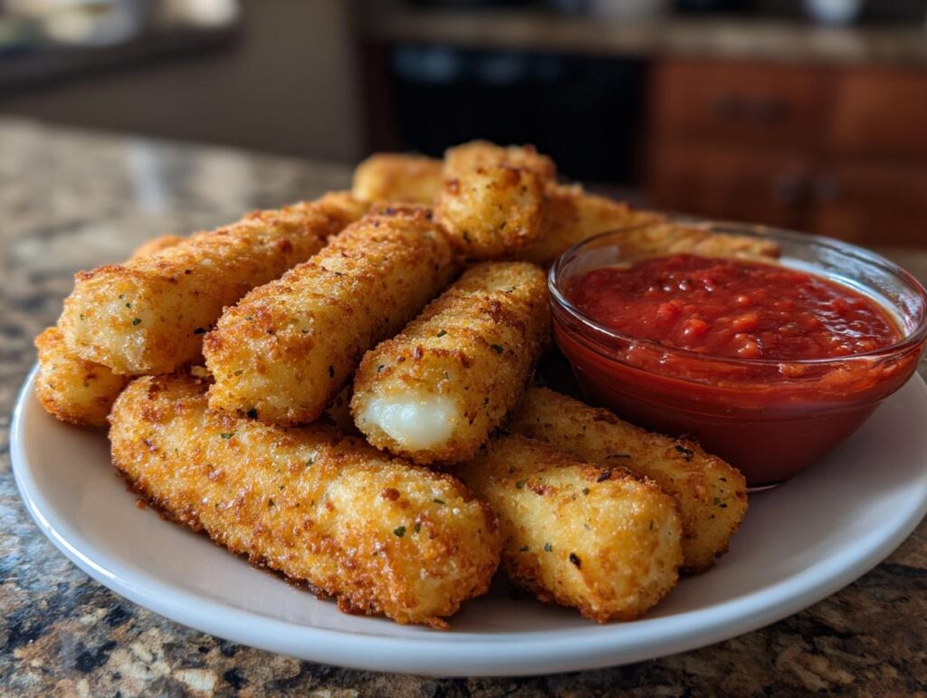 A plate of golden brown air fryer mozzarella sticks served with a bowl of marinara sauce.
