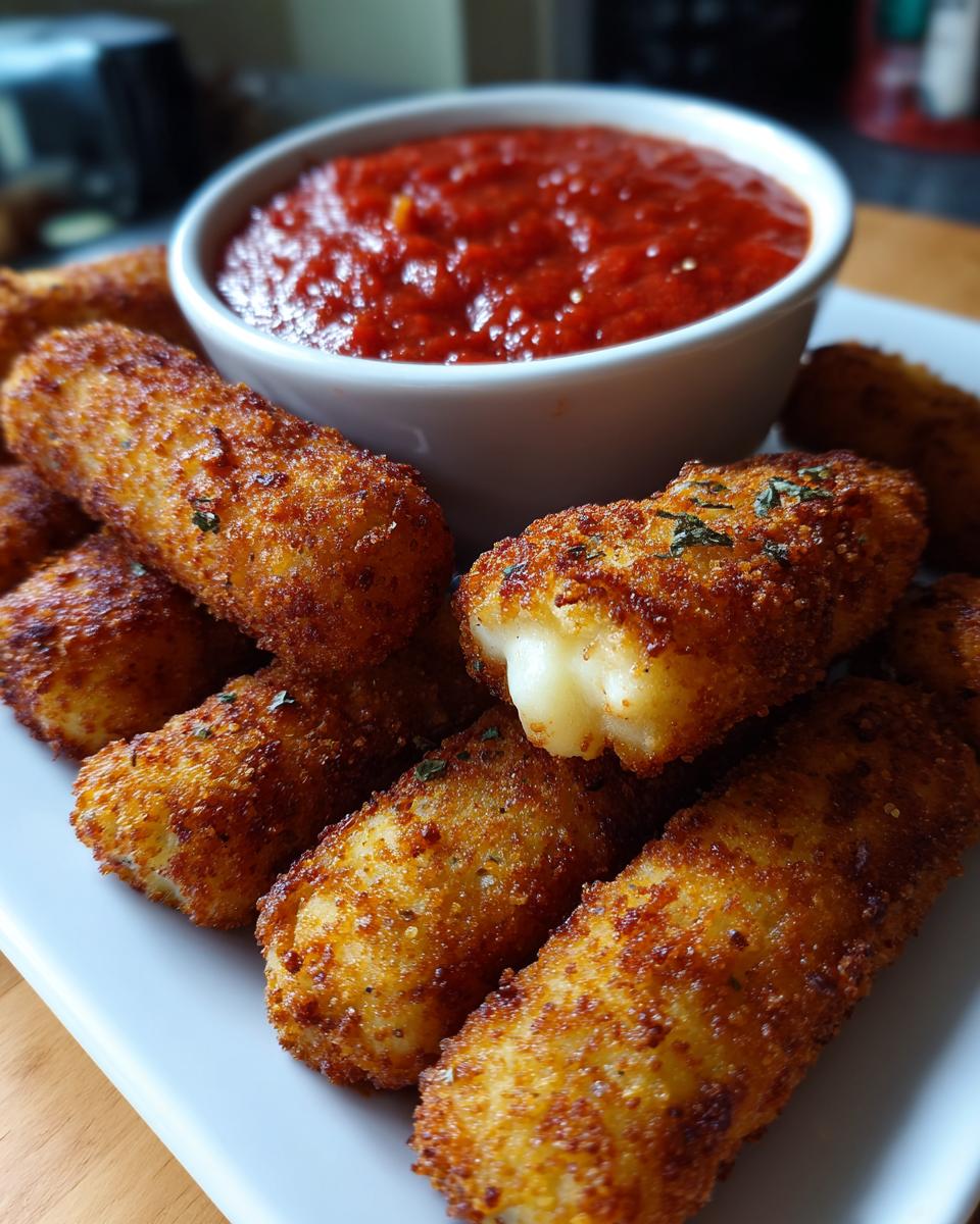 Golden brown air fryer mozzarella sticks piled on a white plate with a bowl of marinara sauce.