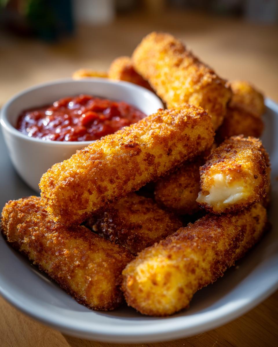 A pile of golden brown air fryer mozzarella sticks served with a side of marinara sauce.