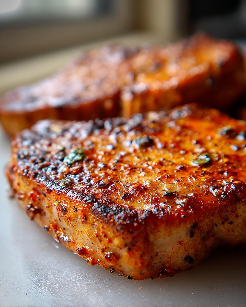 Close-up of two perfectly seasoned and juicy pork chops cooked in an air fryer.