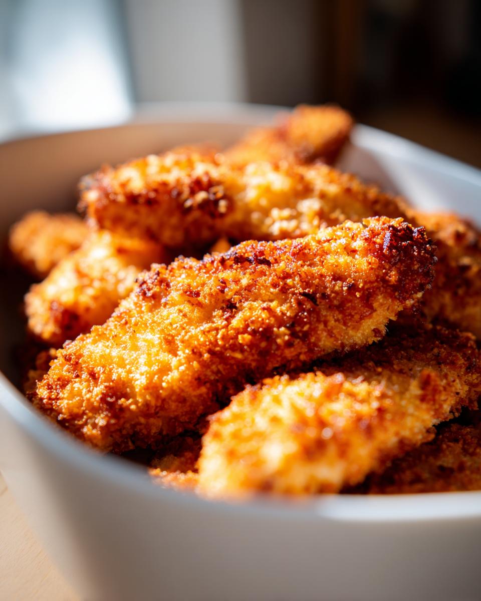 A close-up shot of a bowl filled with golden-brown, crispy chicken tenders made using air fryer recipes.