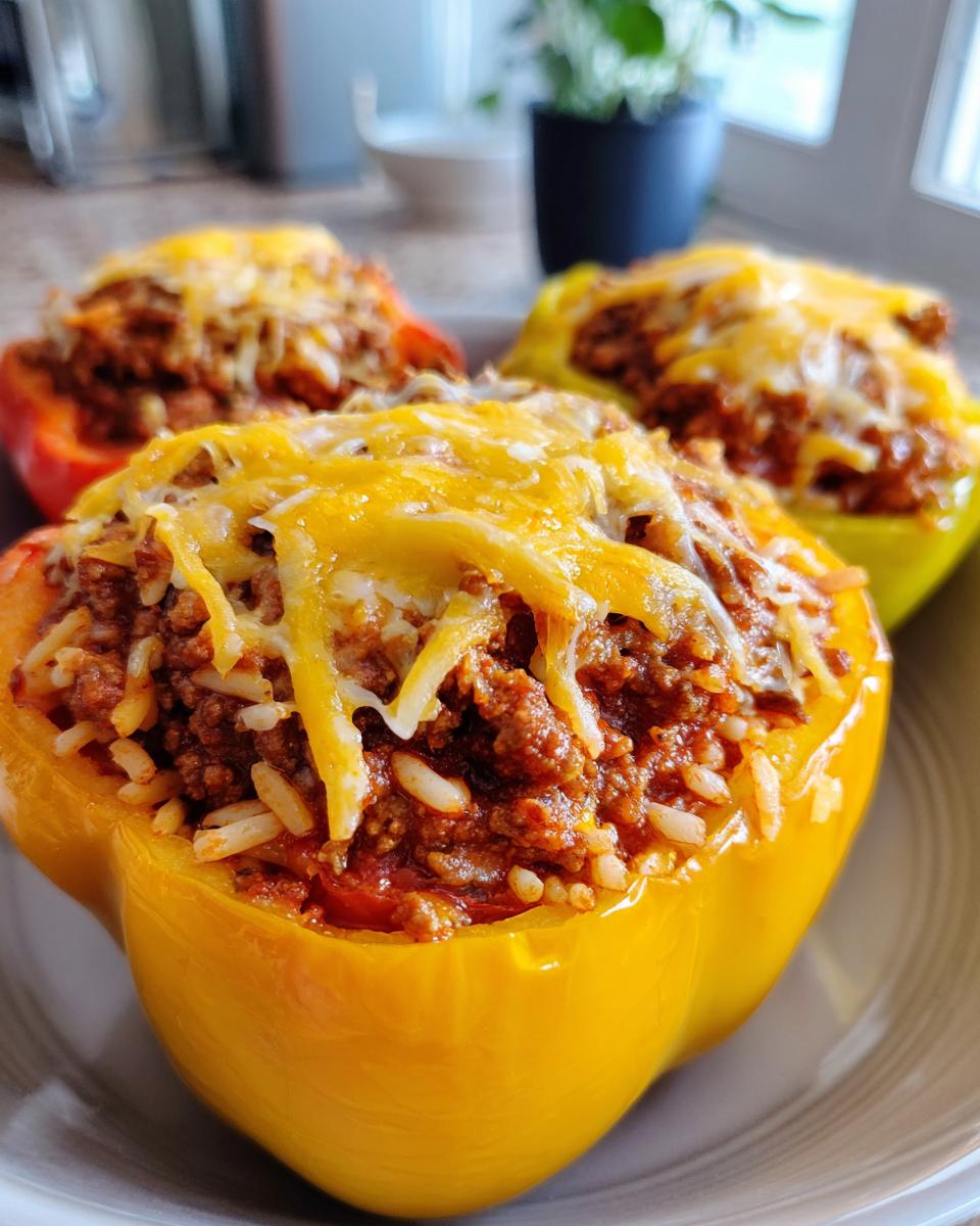 Three colorful bell peppers stuffed with a savory meat and rice mixture, topped with melted cheese, ready for air frying.