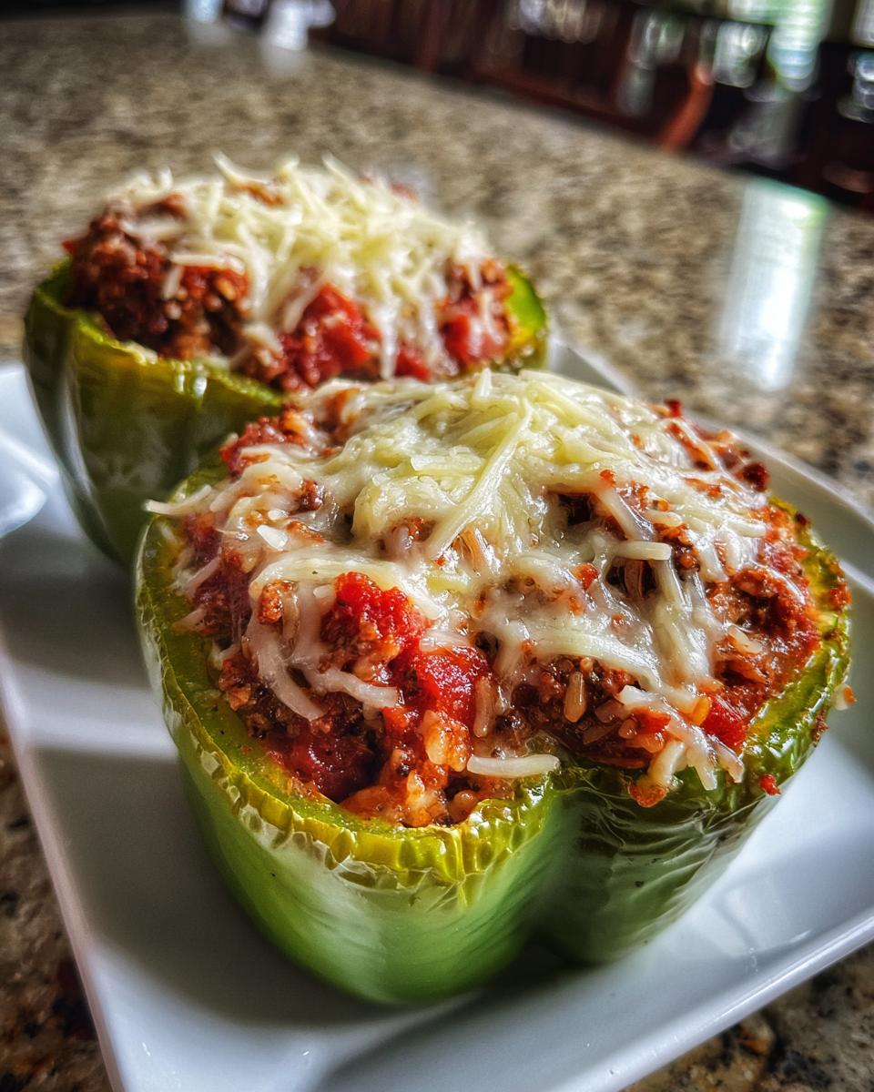 Two green bell peppers stuffed with a savory meat and rice filling, topped with melted cheese, ready for an air fryer recipe.