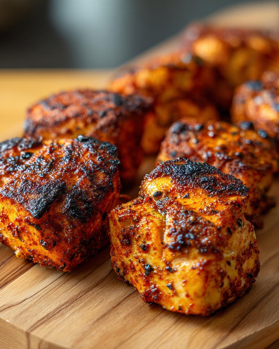 Close-up of seasoned air fryer salmon bites on a wooden cutting board, perfect for fast protein dinners.