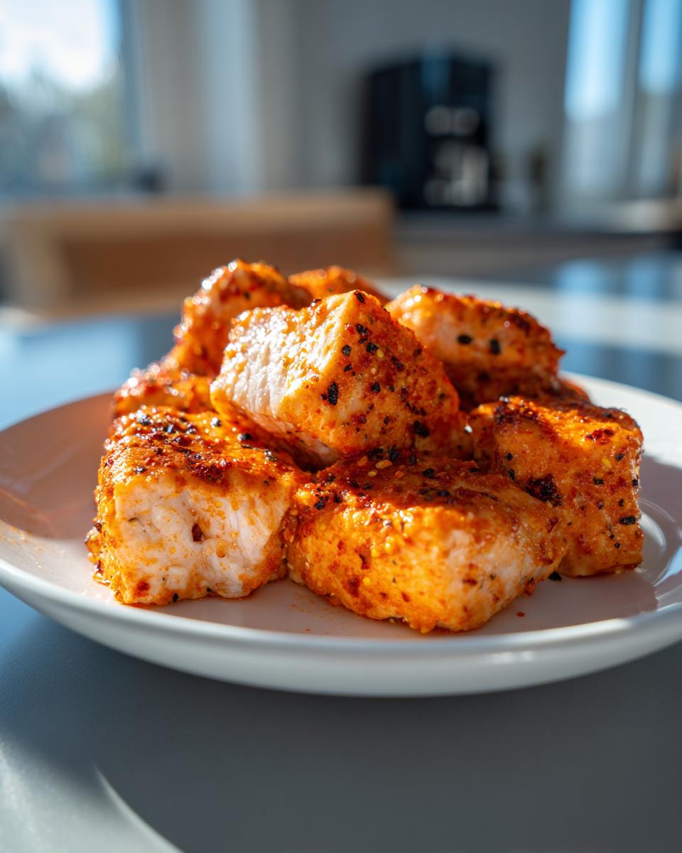 Close-up of seasoned air fryer salmon bites on a white plate, perfect for fast protein dinners.