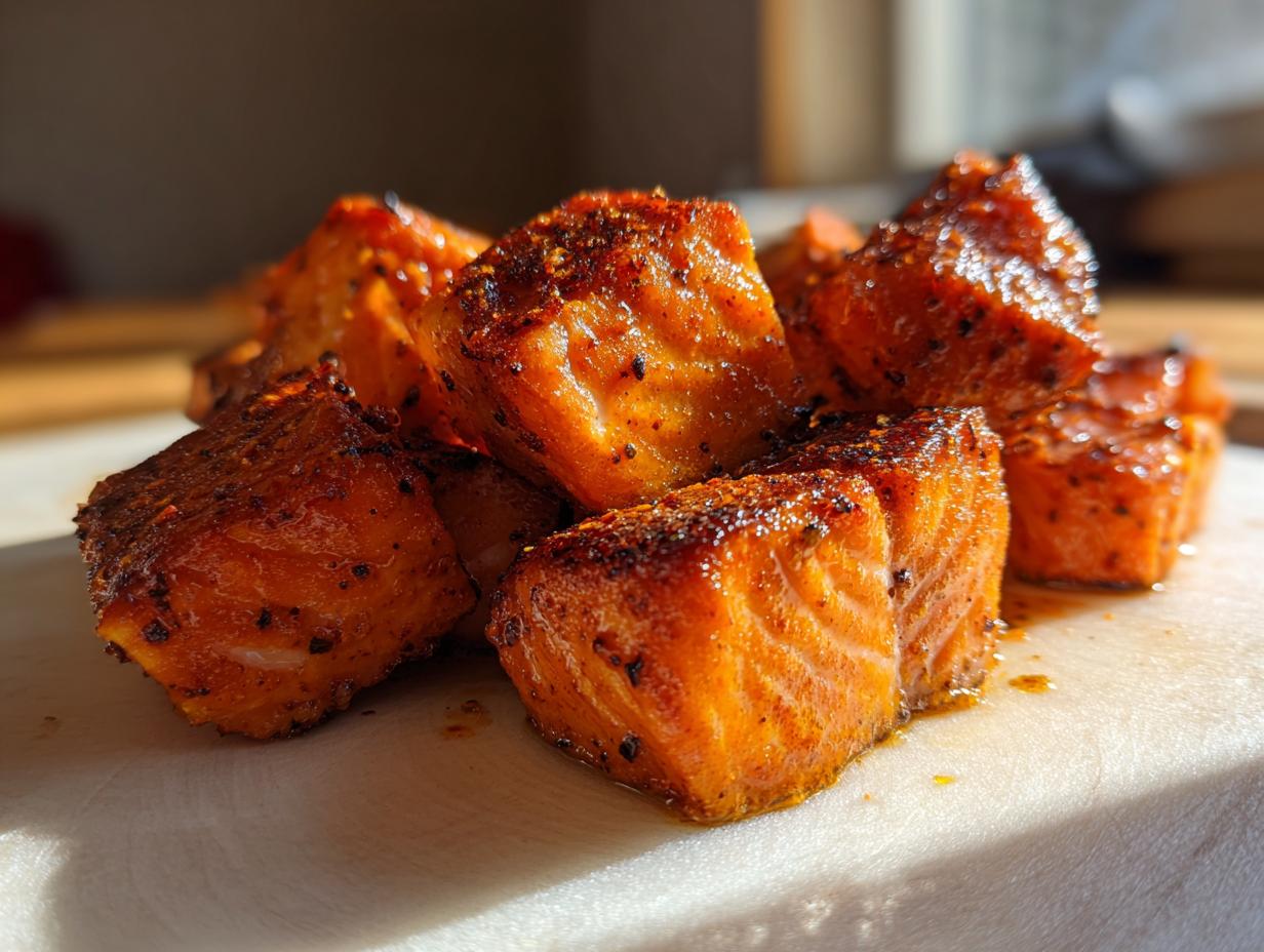 Close-up of seasoned air fryer salmon bites, perfect for fast protein dinners.