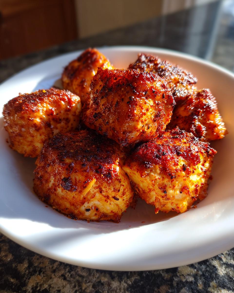 A close-up of golden-brown, seasoned salmon bites cooked in an air fryer, served in a white bowl.