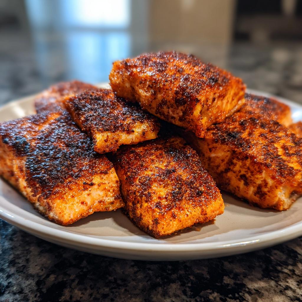 A pile of seasoned air fryer salmon bites on a white plate, ready for a fast protein dinner.