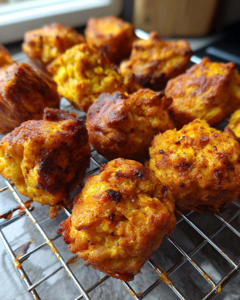 Close-up of golden brown air fryer salmon bites cooling on a wire rack, ready for a fast protein dinner.