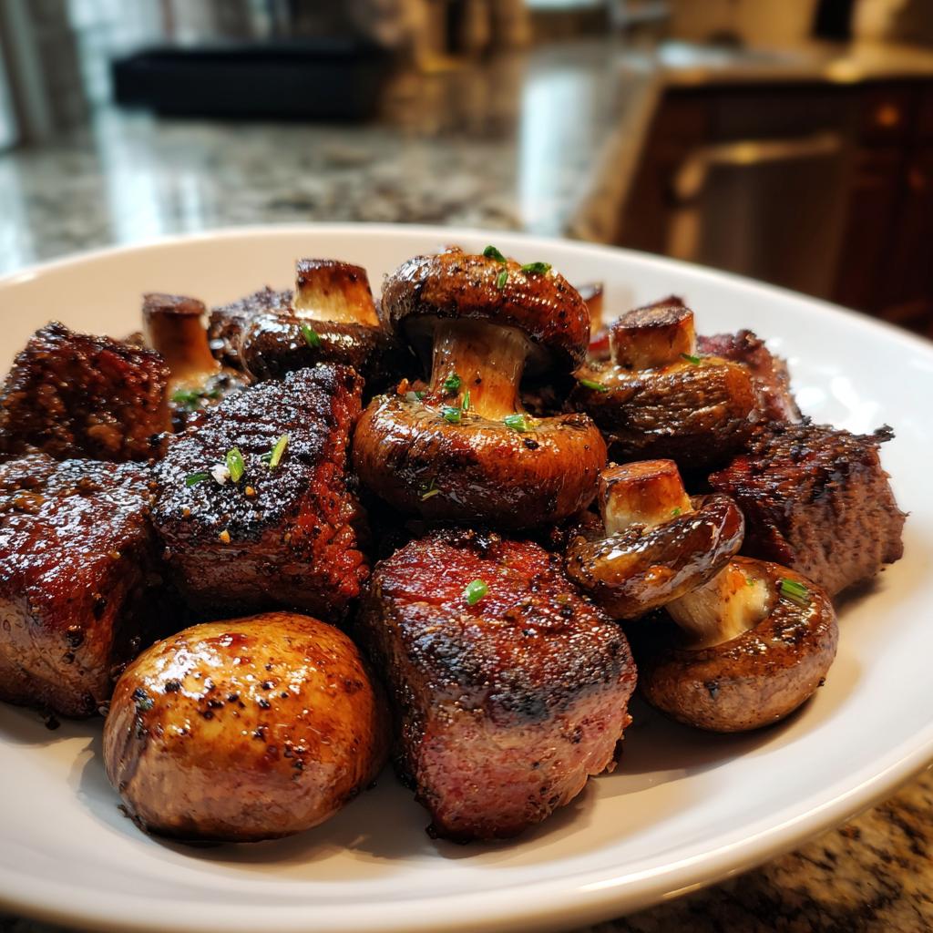 A close-up of juicy air fryer steak bites and whole mushrooms, seasoned and garnished with herbs.
