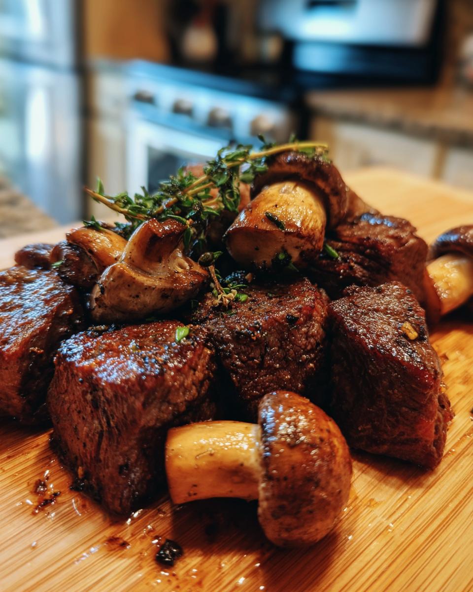 Close-up of juicy air fryer steak bites and mushrooms seasoned with herbs on a wooden board.
