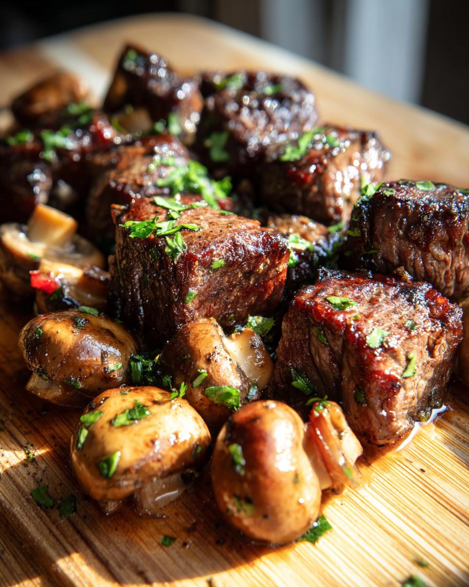 Close-up of juicy air fryer steak bites and mushrooms seasoned with herbs, ready to serve.