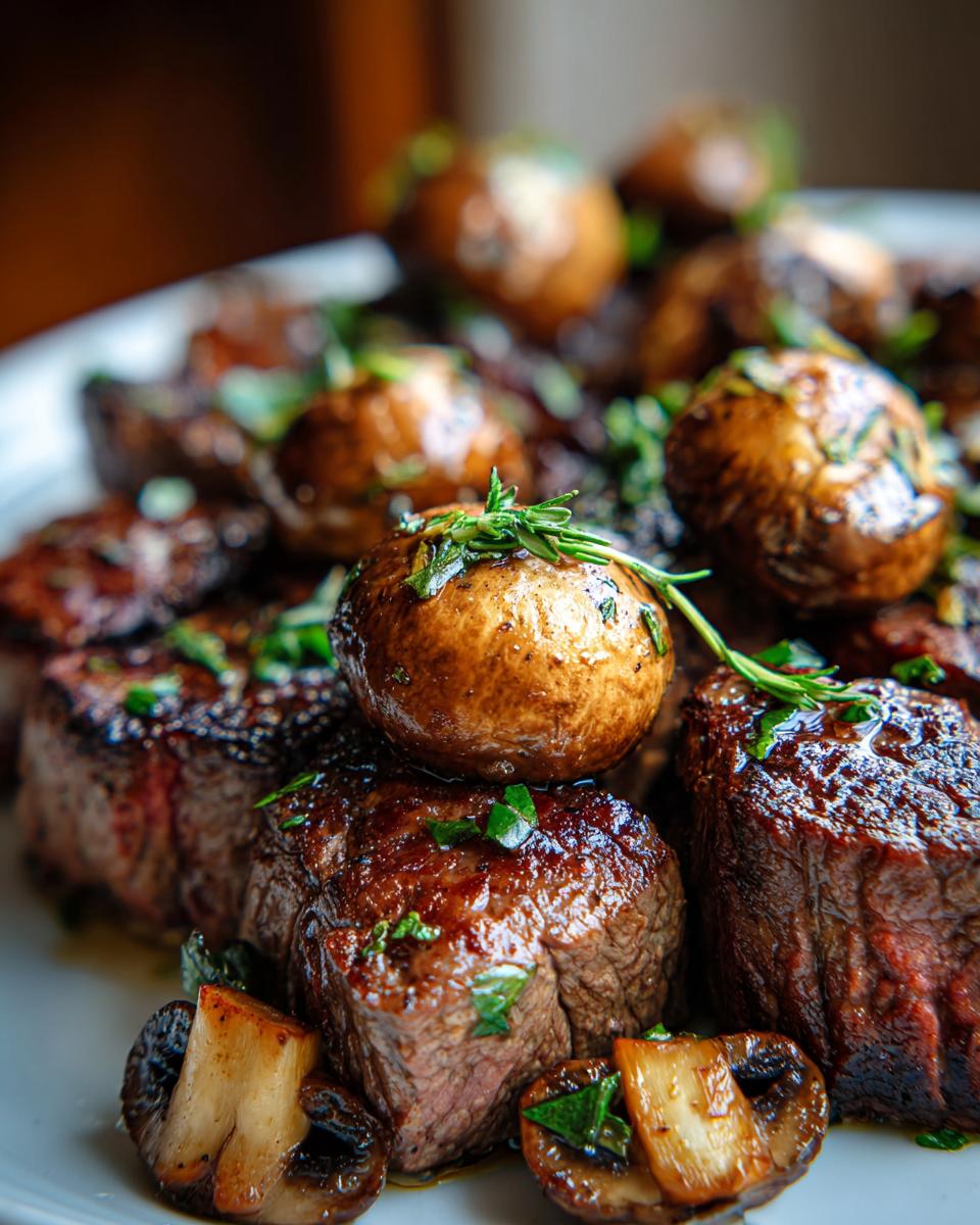 Close-up of juicy air fryer steak bites and mushrooms, garnished with fresh herbs.
