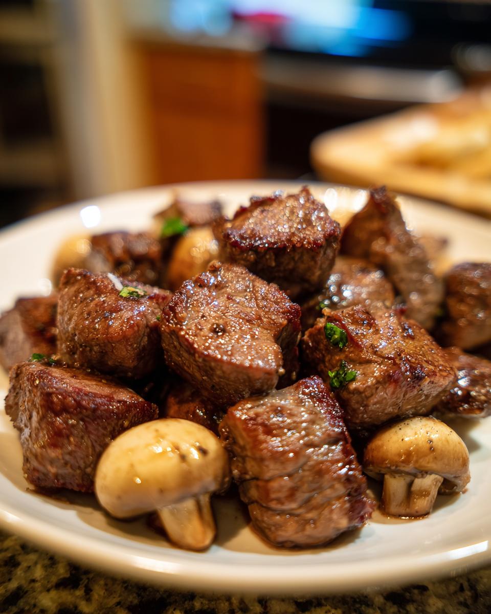 Close-up of juicy air fryer steak bites and whole mushrooms on a white plate.